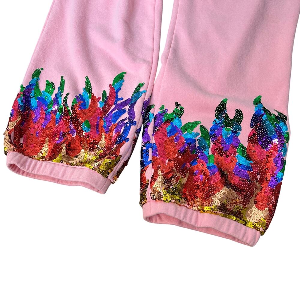 Queen of Sparkles Pink Sequin Rainbow Flame Sweatpants Joggers Large Womens - Picture 5 of 16
